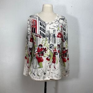 Christopher Banks Womans Cardigan Large Cotton Holiday Christmas Print Novelty